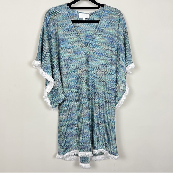ALEXIS PONCHO COVER UP IN BLUE AND GREEN WITH WHITE FRINGE TRIM SIZE XS/S - Picture 1 of 13